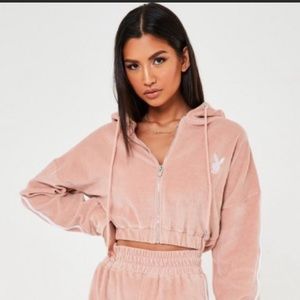 Playboy x missguided pink velour zip up hoodie